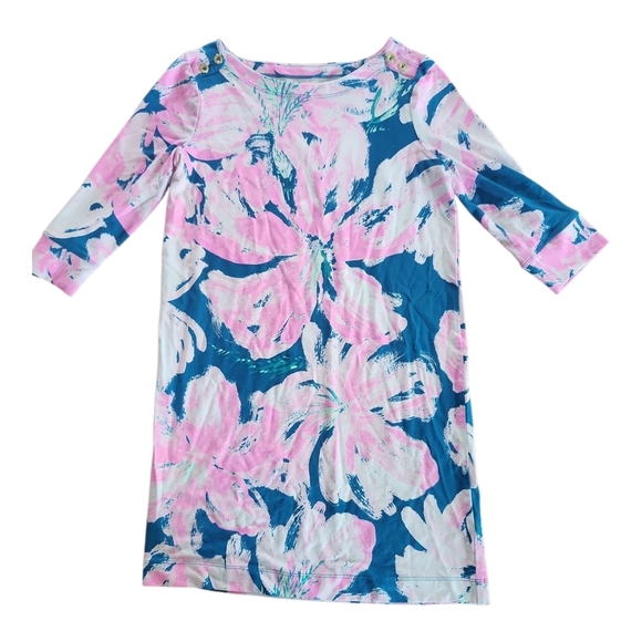 Lilly Pulitzer Girls Knit Dress Size L (8–10) Pink Blue Floral 3/4 Sleeve - Picture 2 of 7